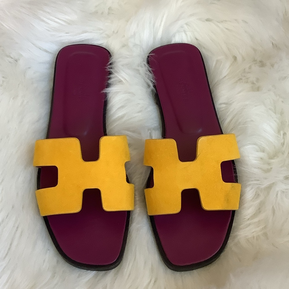 Hermes Yellow and Purple Slide Sandals